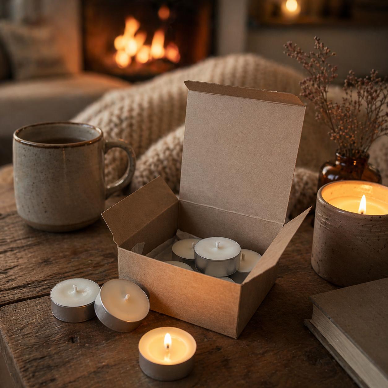Scent Discovery Box with eight tealights shown in a cosy room with lit candle and mug of coffee