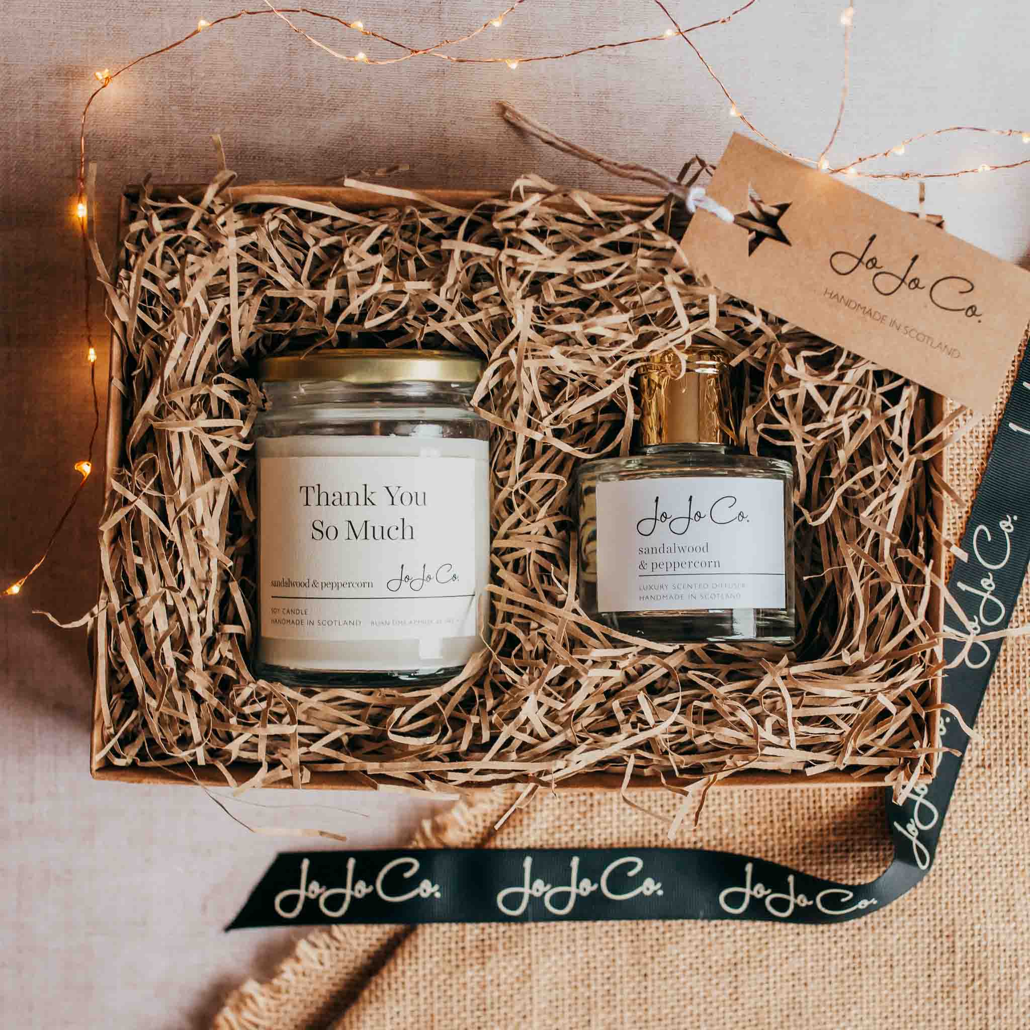Thank you candle and diffuser gift set by JoJo Co, luxury soy candle and home fragrance gift beautifully packaged for thoughtful gifting