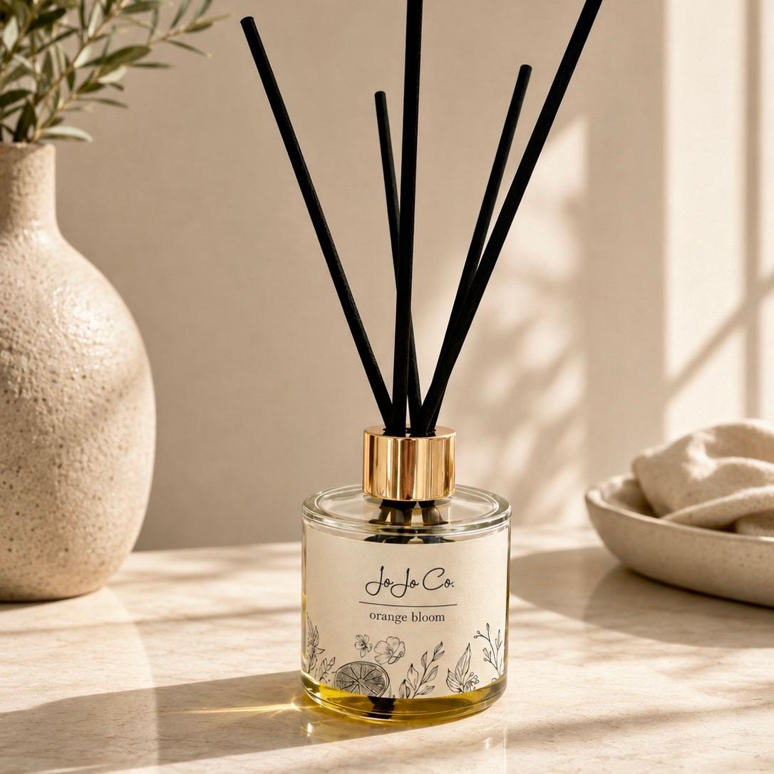 Orange Bloom JoJo Co reed diffuser on a light surface with a neutral background