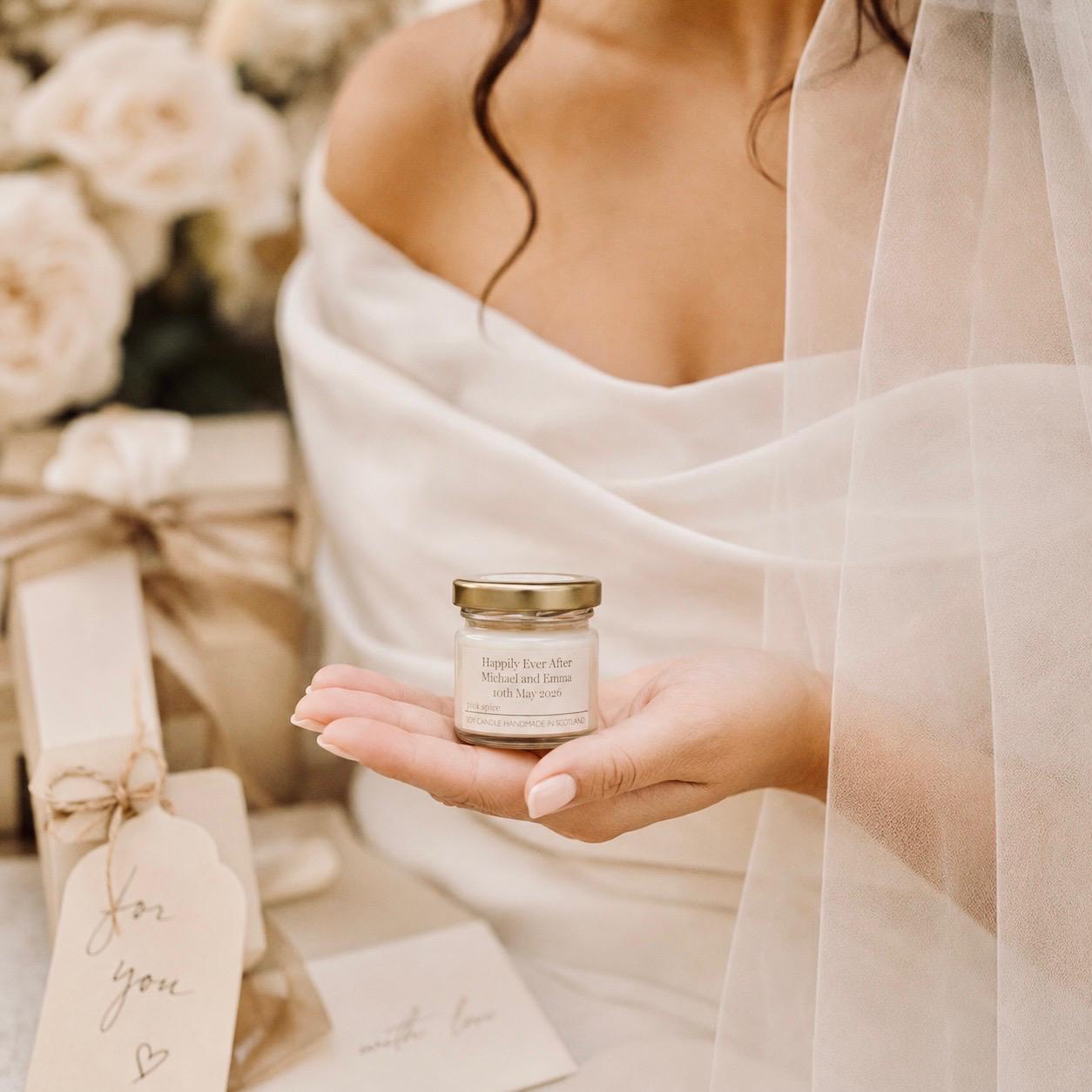 Bride holding a wedding favour with text, surrounded by soft lighting and neutral colors.