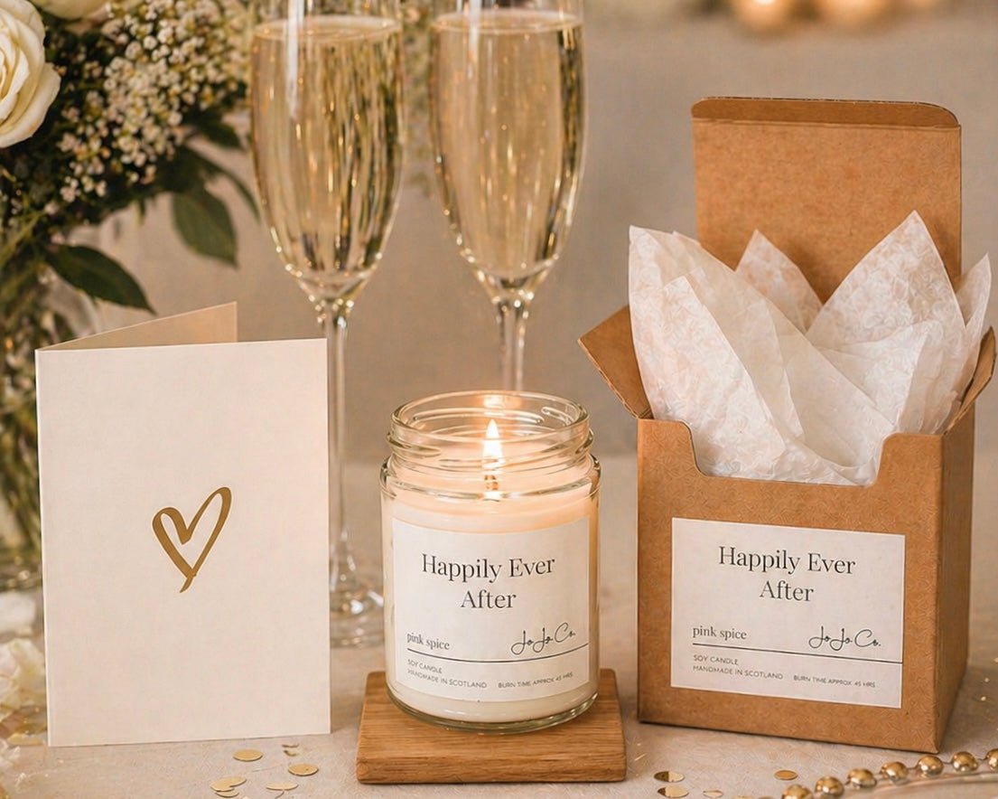 JoJo Co Happily Ever After wedding candle gift, a luxury handmade soy candle designed as a thoughtful wedding gift for newlyweds. 