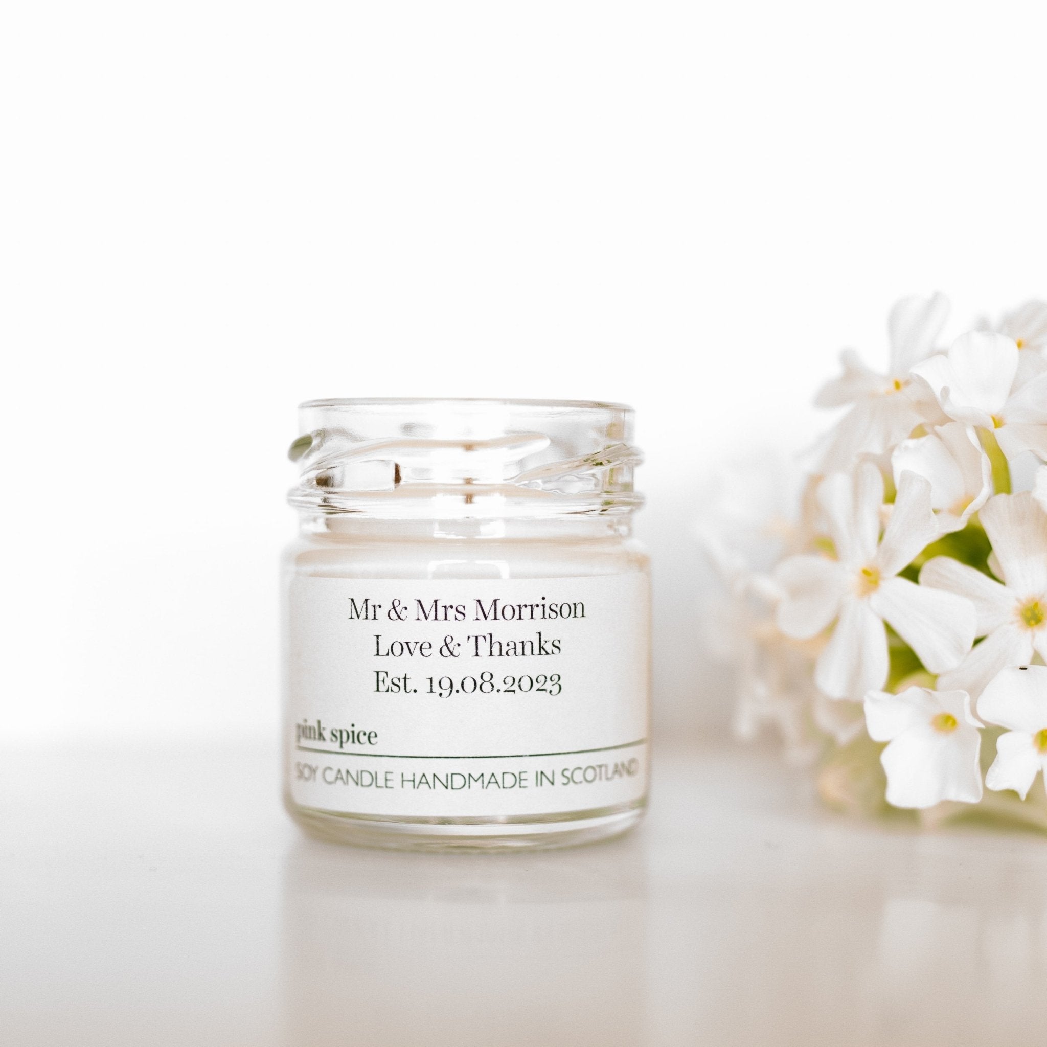 JoJo Co. wedding favour candles with personalised labels, made in Scotland