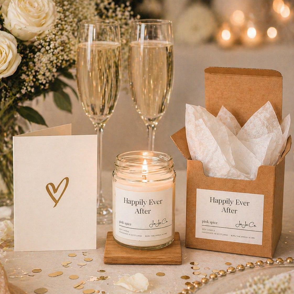 Table setting with champagne glasses, candle, and 'Happily Ever After' luxury candle and a heart gold foil card.