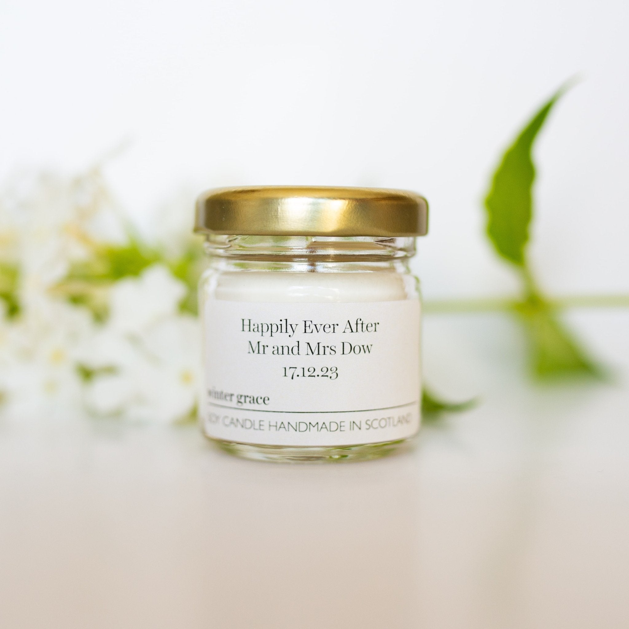 Personalised wedding favour candle with custom label reading Happily Ever After, handpoured soy wax, JoJo Co. Scotland