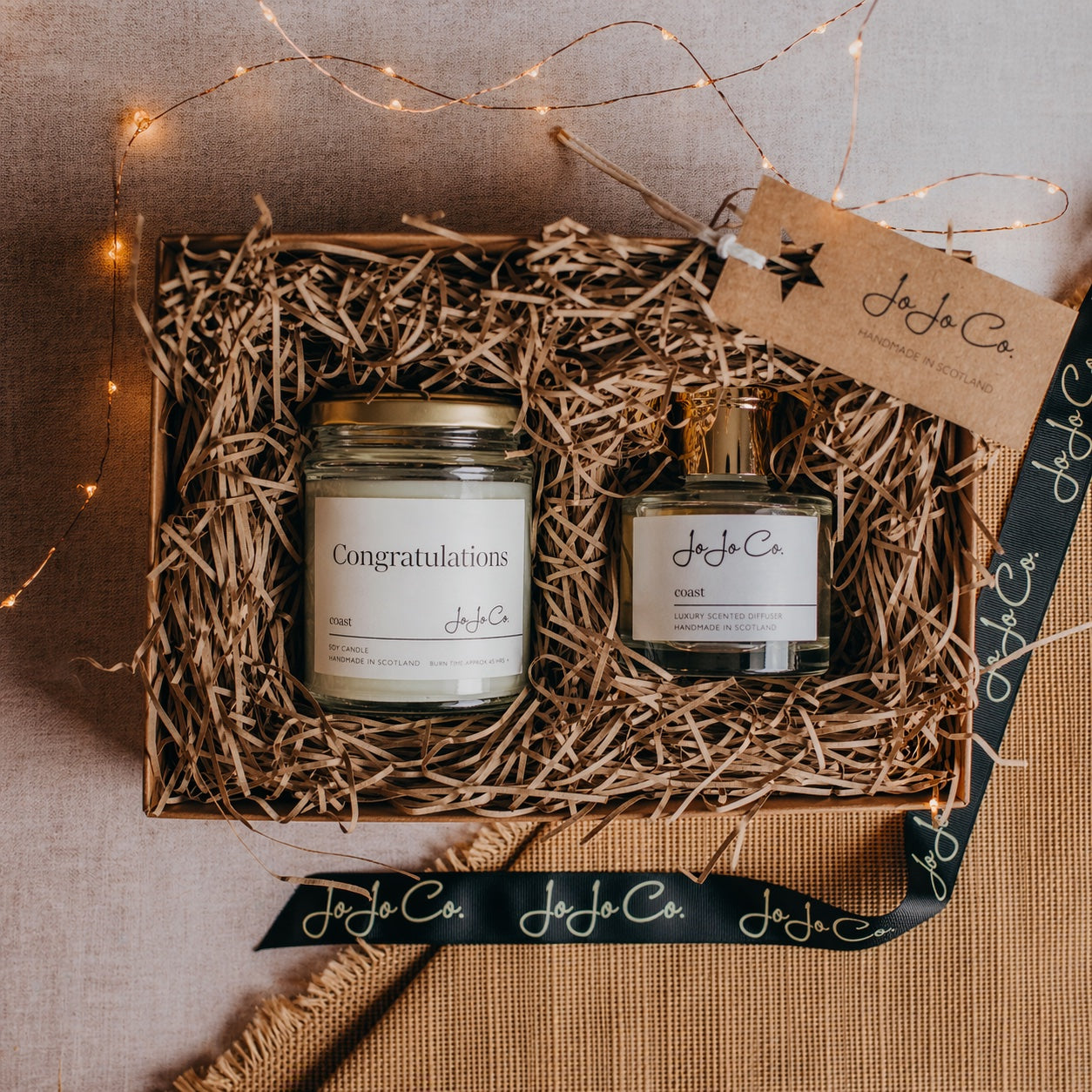 Congratulations Candle and Diffuser Gift Set in luxury gift box with ribbon, handmade in Scotland by JoJo Co.