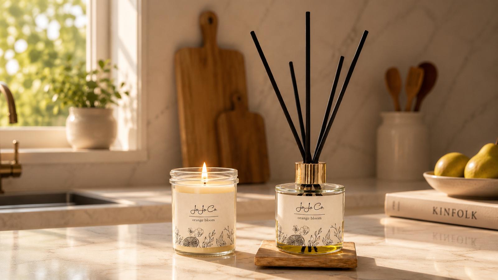 Orange Bloom Candle and diffuser set on a kitchen counter with a window and books in the background