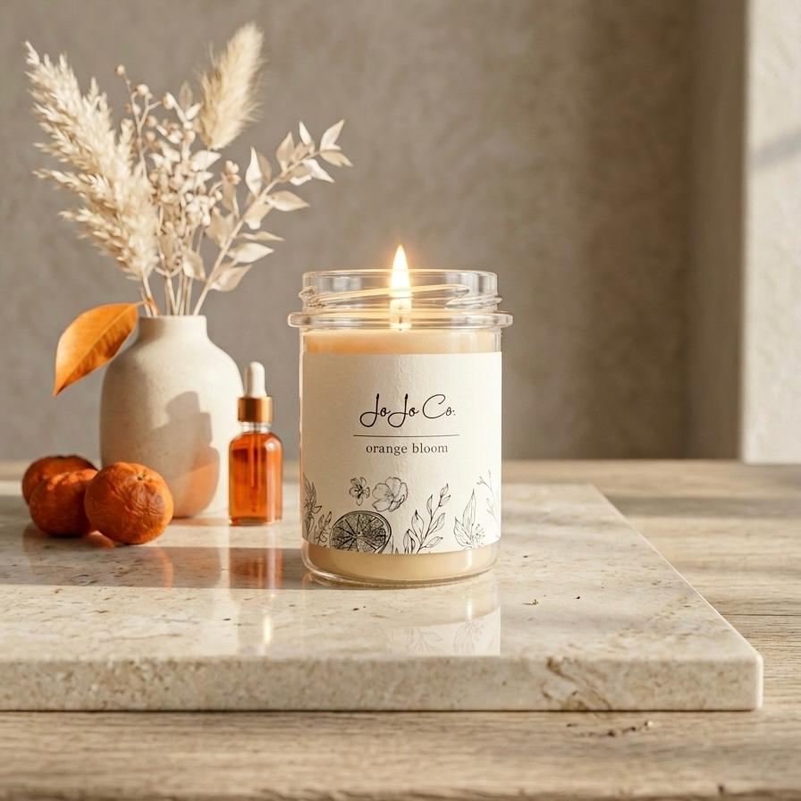 A softly glowing orange bloom candle creating a fresh and uplifting atmosphere in a calm home setting