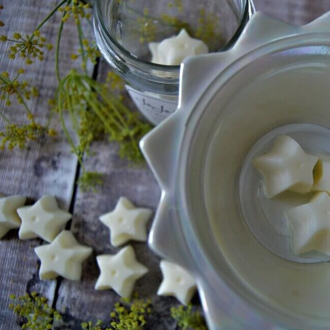 A close up of star shaped wax melts in a pretty burner. In the background is a scattering of star shaped wax melts and flowers scattered around.  