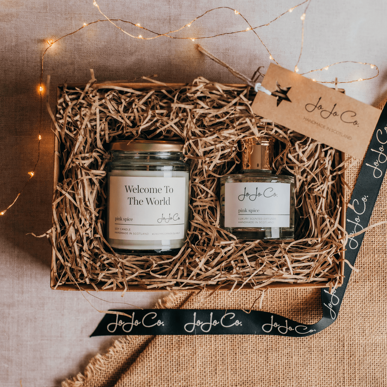 Welcome To The World Candle and Diffuser Gift Set in luxury gift box with ribbon, handmade in Scotland by JoJo Co